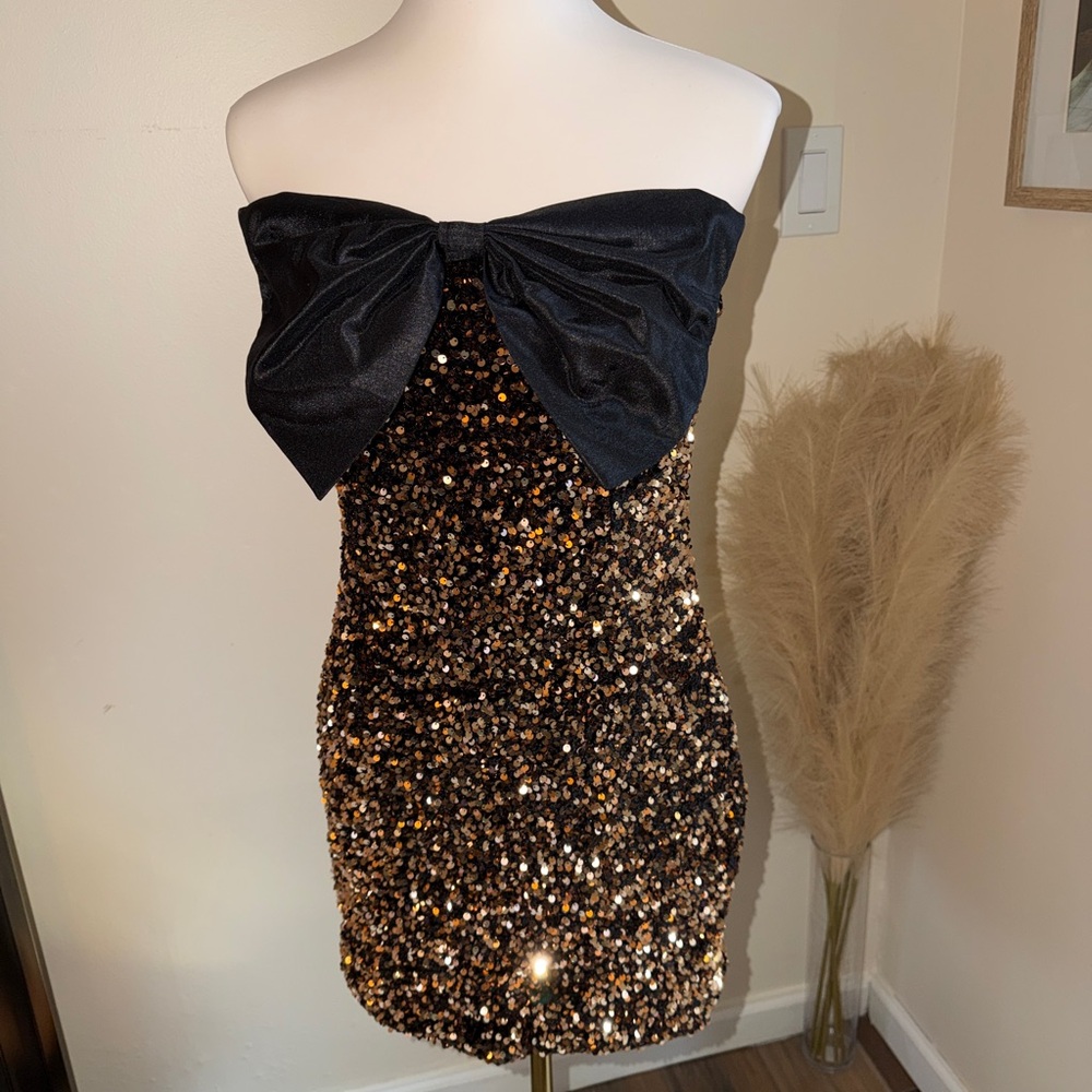 Black & Gold Sequin Strapless Mini Dress with Bow